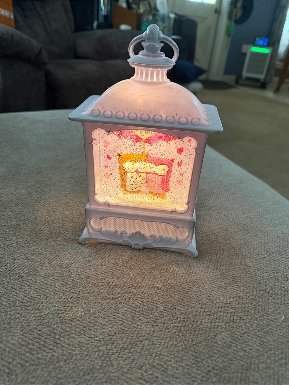 Cracker Barrel White Glitter Lantern with Pink and Gold Scene